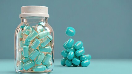 cyan capsules inside a sealed bottle on a contrast background, 3D render illustration wide range angle