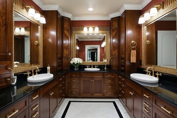 Fototapeta premium Lavish Art Deco Bathroom Design with Walnut Cabinets, Glamorous Sinks, and Decorative Mirrors in a Rich Color Scheme