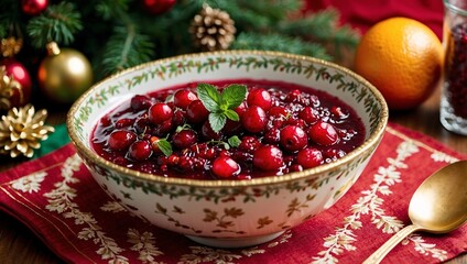 Homemade Cranberry Sauce with Orange Zest and Mint Garnish