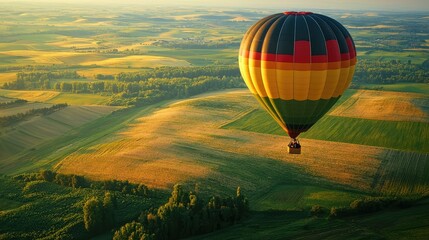 Obraz premium Aerial View from a Colorful Hot Air Balloon Over Scenic Patchwork Fields in Golden Light During Early Morning