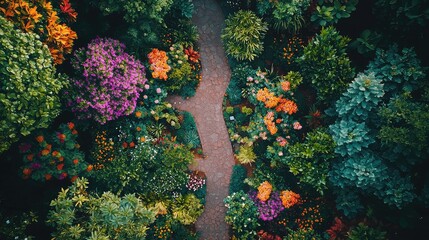 Obraz premium Aerial View of a Beautiful Garden Pathway Surrounded by Colorful Flowers and Lush Greenery, Evoking a Peaceful and Vibrant Atmosphere in Nature