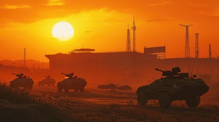 Fototapeta premium Military Base at Sunset with Tanks and Jeeps Parked, Dramatic View of Equipment and Silhouettes Against an Orange Sky