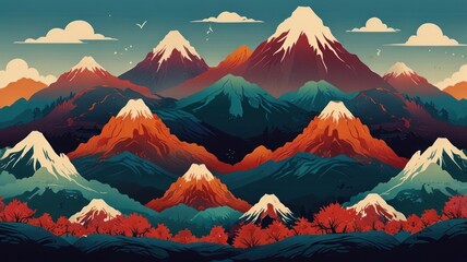 Here's a possible  and keyword list for the image.. Vibrant stylized mountain range landscape with autumn foliage and snow-capped peaks under a scenic sky.