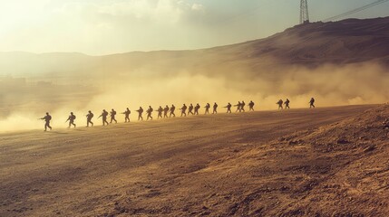 Obraz premium Soldiers Marching in Formation During Military Exercise at Dusty Base with Dramatic Sunlight and Scenic Mountains in Background