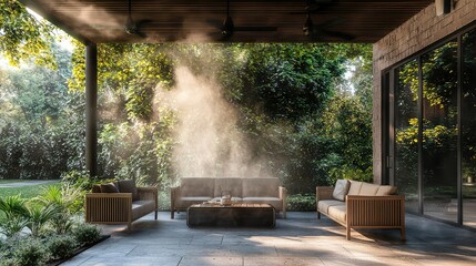 Obraz premium Outdoor Misting System Cooling Down a Chic Seating Area Amid Lush Greenery for Comfortable Relaxation in Warm Weather