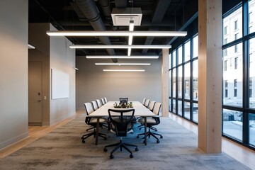 Bright and Spacious Open Design Workspace with Large Windows and Neutral Walls