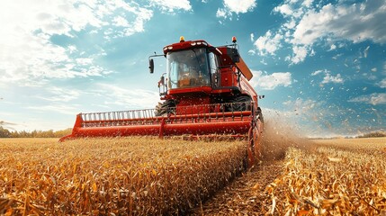 Fototapeta premium Modern Agricultural Machinery in Action Harvesting Ripe Crops Under a Clear Blue Sky in a Vibrant Agricultural Landscape