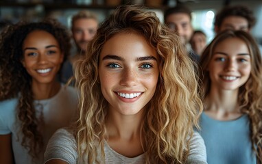 Fototapeta premium Group of diverse employees taking a selfie, showcasing happiness and collaboration in a workplace setting, ideal for social media or profile pictures