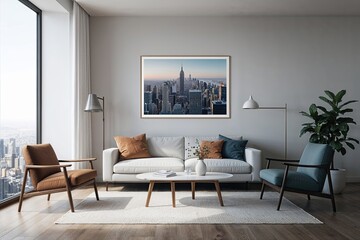 Fototapeta premium Minimalist Home Blank Print Mockup with Cityscape Panorama Background