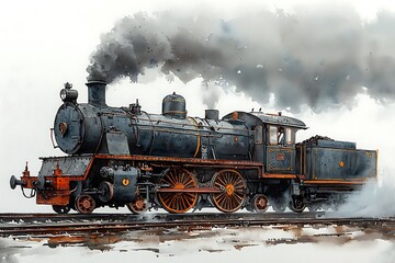 Obraz premium A Watercolor Painting of a Vintage Steam Locomotive Chugging Along the Tracks, Billowing Smoke.