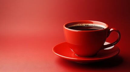 Fototapeta premium A striking image of a red coffee cup filled with freshly brewed coffee, set against a seamless red background.