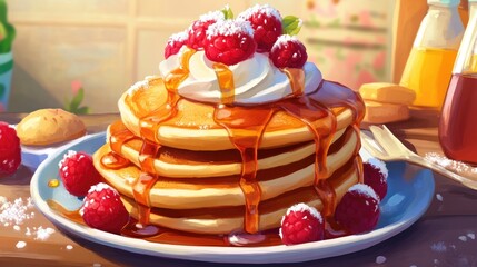 reakfast box with pancakes, syrup, and whipped cream, colorful toppings, family breakfast idea, warm tones, [breakfast box], [comfort food] 
