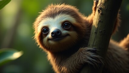 Fototapeta premium A close-up of a sloth hanging from a tree, with gentle eyes and shaggy fur. Soft sunlight highlights its calm, peaceful expression in a natural green jungle setting.