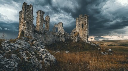 Fototapeta premium Mysterious Ruins of an Ancient Castle Surrounded by Dramatic Skies and Overgrown Landscape, Evoking a Sense of Enigma and Historical Wonder