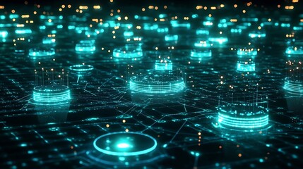 A futuristic blockchain network represented by glowing interconnected cubes floating in a digital 3D virtual space symbolizing the secure decentralized and innovative nature of blockchain technology