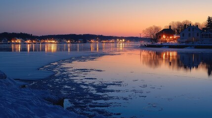 Obraz premium Tranquil Northern Harbor Village at Sunset with Warm Lights Reflecting on the Calm Water Surface