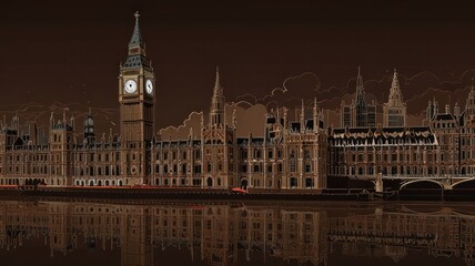 Fototapeta premium Here's a and keyword list for your image.. Night view of London's iconic Houses of Parliament and Big Ben reflected in the Thames.