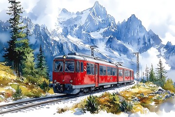 Obraz premium A red train journeys through a breathtaking mountain landscape, painted in a watercolor style.
