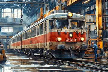 Obraz premium Vintage Train in Industrial Setting A Watercolor-Style Illustration.