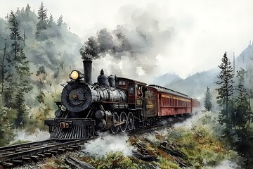 Fototapeta premium A Vintage Steam Train Chugging Through a Misty Mountain Forest.