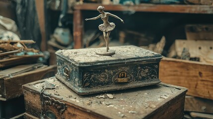 An Old Haunting Music Box Covered in a Layer of Dust with a Broken Ballerina Figurine in a Forgotten Antique Shop Setting