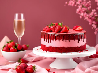 초콜릿 드립과 딸기로 장식된 레드벨벳 케이크 연말파티 Red Velvet Cake Decorated with Chocolate Drips and Strawberries