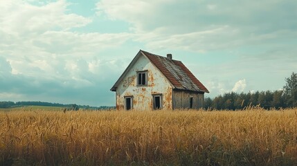 Obraz premium Old and Weathered Farmhouse Surrounded by Golden Fields under a Dramatic Sky, Featuring Peeling Paint and Rustic Charm, Capturing the Essence of Rural Life