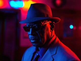 A man in a fedora and sunglasses, bathed in vibrant neon light. AI.