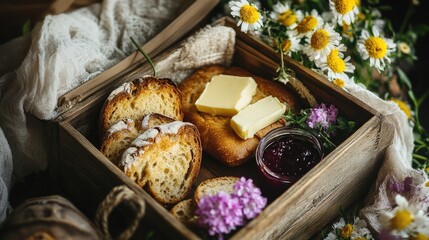 Vintage breakfast box with handmade bread, butter, and jam, floral decorations, soft natural light, nostalgic feeling, [breakfast box], [vintage style] 