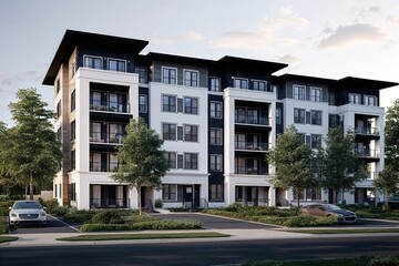 Obraz premium Elegant Apartment Complex Facade Against Clear White Background