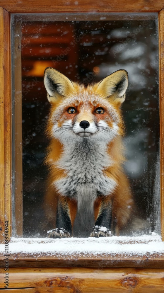 Wall mural A fox looks through a snowy window. AI.