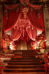 Fototapeta premium Opulent wedding stage adorned with red drapes, gold accents, and lavish floral arrangements