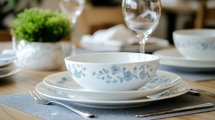 Fototapeta premium Elegant Porcelain Dish Set Featuring Delicate Floral Motifs Perfectly Arranged for Dining Table Settings with Glassware and Table Decor for Sophisticated Meals