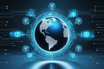 Obraz premium Global Network Security Innovation Illustrated by a Sphere Surrounded by Virtual Firewalls and Cybersecurity Signals