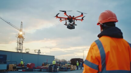 Fototapeta premium A Professional Worker Observes a Heavy-Duty Drone Lifting Cargo at a Busy Industrial Site During Sunset's Golden Hour