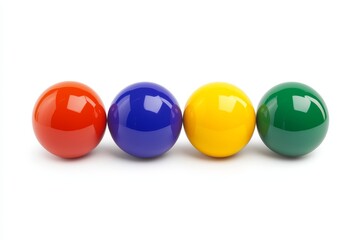 Colorful glossy spheres in red, blue, yellow, and green on white background