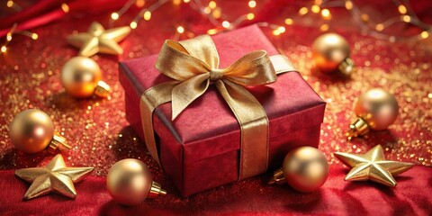 A festive red gift box adorned with a golden bow, surrounded by sparkling gold ornaments and stars, a symbol of joy and celebration.