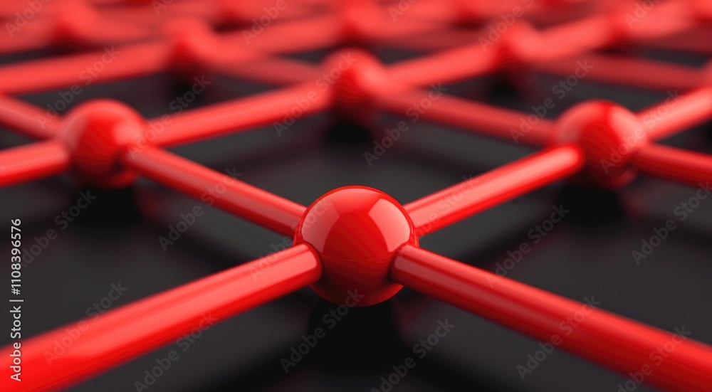 Poster a close-up view of a red geometric structure featuring spherical nodes interconnected by lines on a 