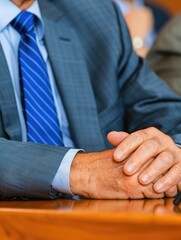Obraz premium A close-up of a man's hands resting on a table, dressed in a suit with a blue tie, suggesting a formal or professional setting.