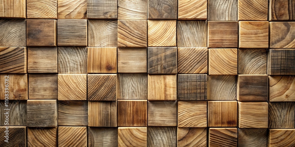 Poster a textured wall of interlocking wooden squares, crafted from natural wood with intricate grain patte