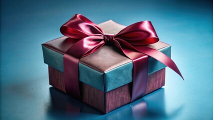 Obraz premium A beautifully wrapped gift box with a satin ribbon and bow, displayed on a solid blue background. The gift is a symbol of celebration, love, and happiness.