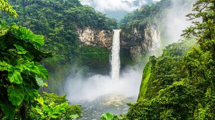 Fototapeta premium Majestic Waterfall Cascading Down Rugged Cliff Surrounded by Lush Greenery and Enveloping Mist in a Serene Natural Landscape