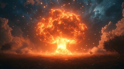 Obraz premium Surreal Fiery Mushroom Cloud Against Night Sky