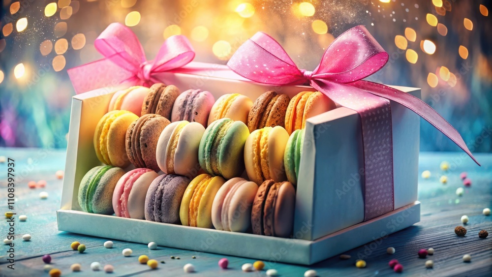 Poster a gift box overflowing with delicate macarons, tied with a bow, surrounded by scattered sprinkles on