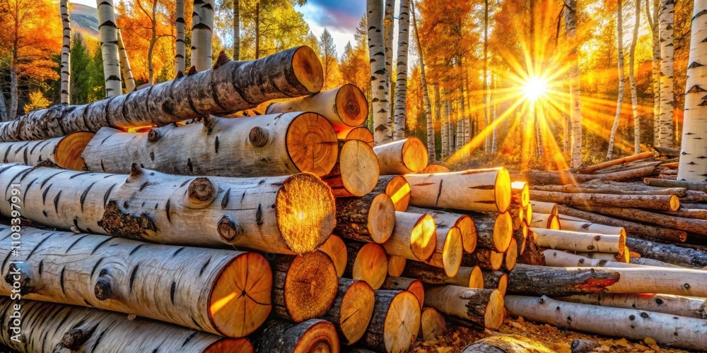 Aufkleber golden sunset illuminates a stack of logs in a forest of aspen trees