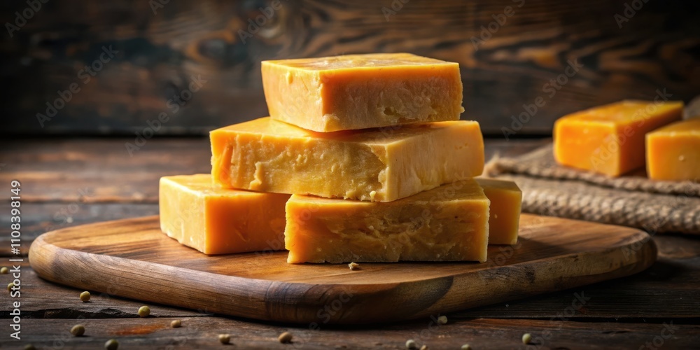 Poster a stack of golden yellow cheese blocks on a wooden cutting board with rustic background