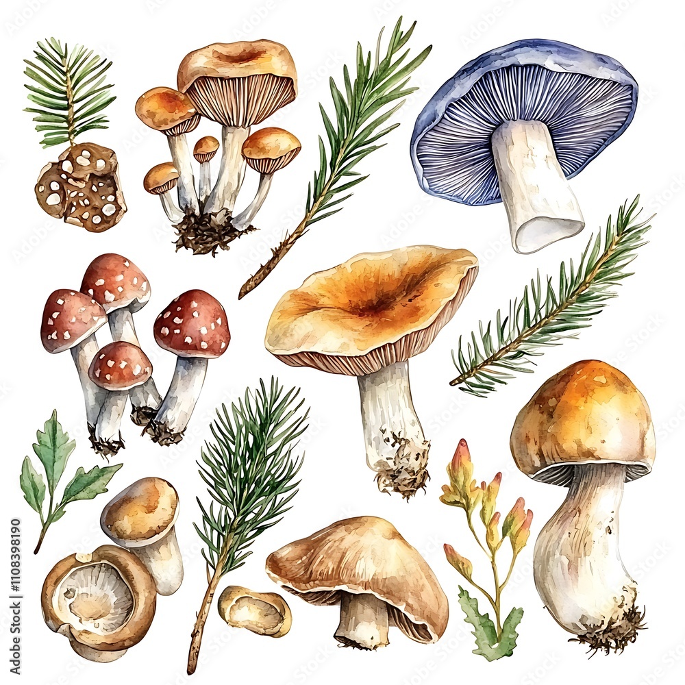 Wall mural Watercolor Collection of Forest Mushrooms, Pine Branches, and Wildflowers.