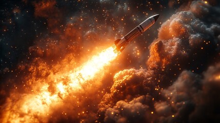 Obraz premium Fiery Rocket Launch Against Starry Background
