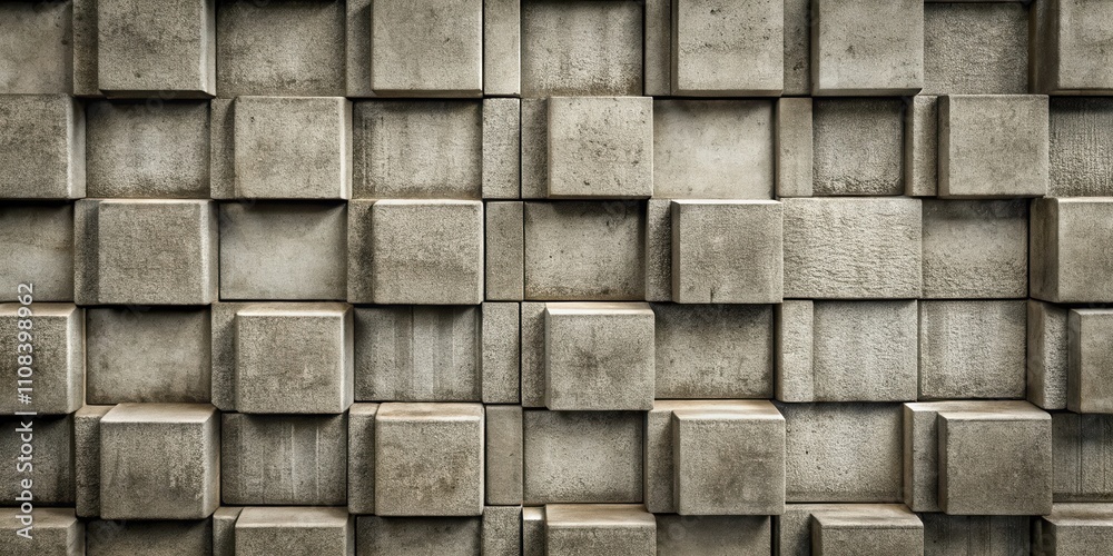 Poster A geometric pattern of gray stone blocks, creating an abstract facade of staggered, textured squares.