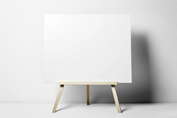 Blank white canvas on a wooden easel against a white wall.